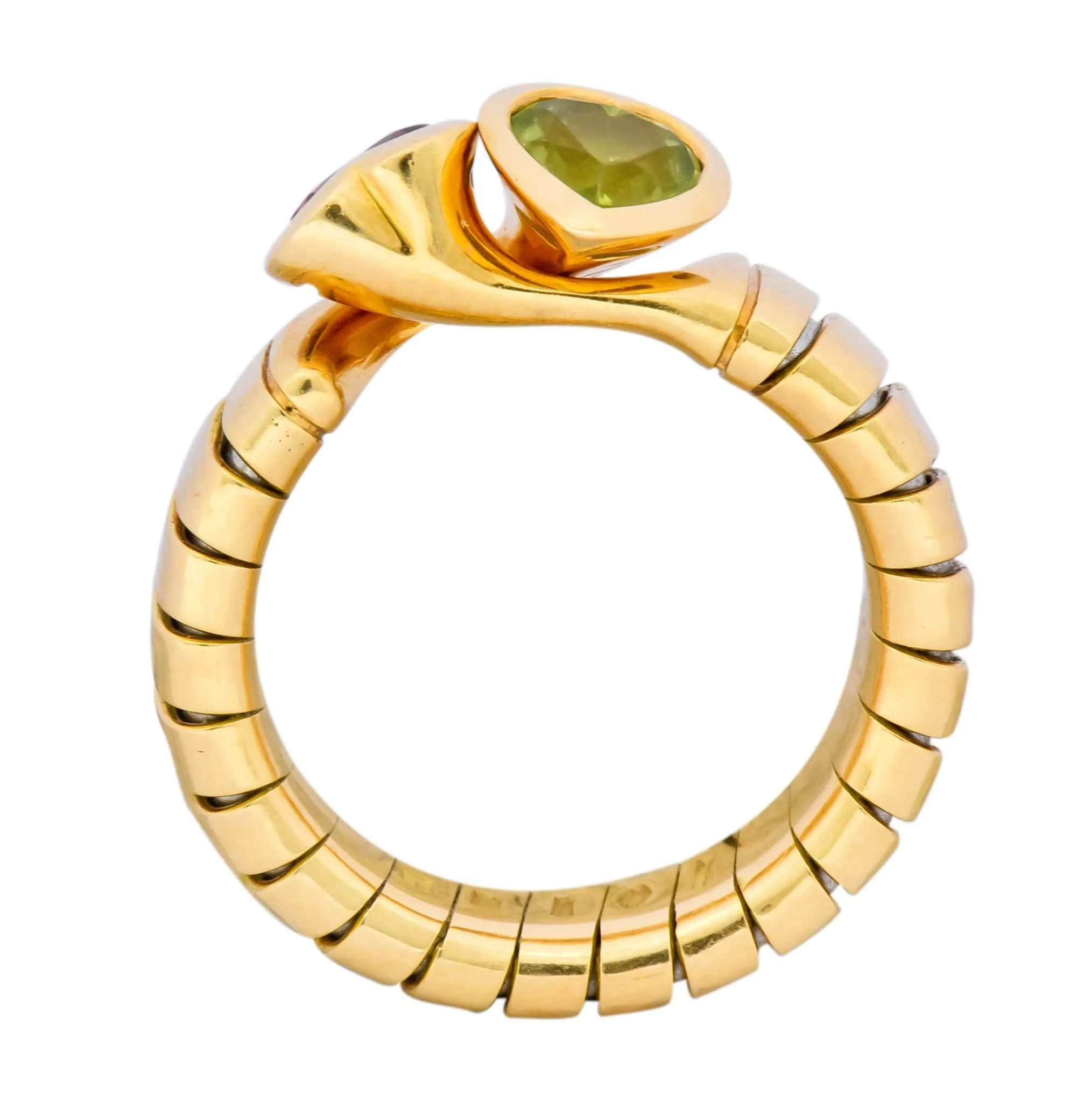 Bulgari 1.50 CTW Pink Tourmaline Peridot 18 Karat Yellow Gold Tubogas Heart Ring