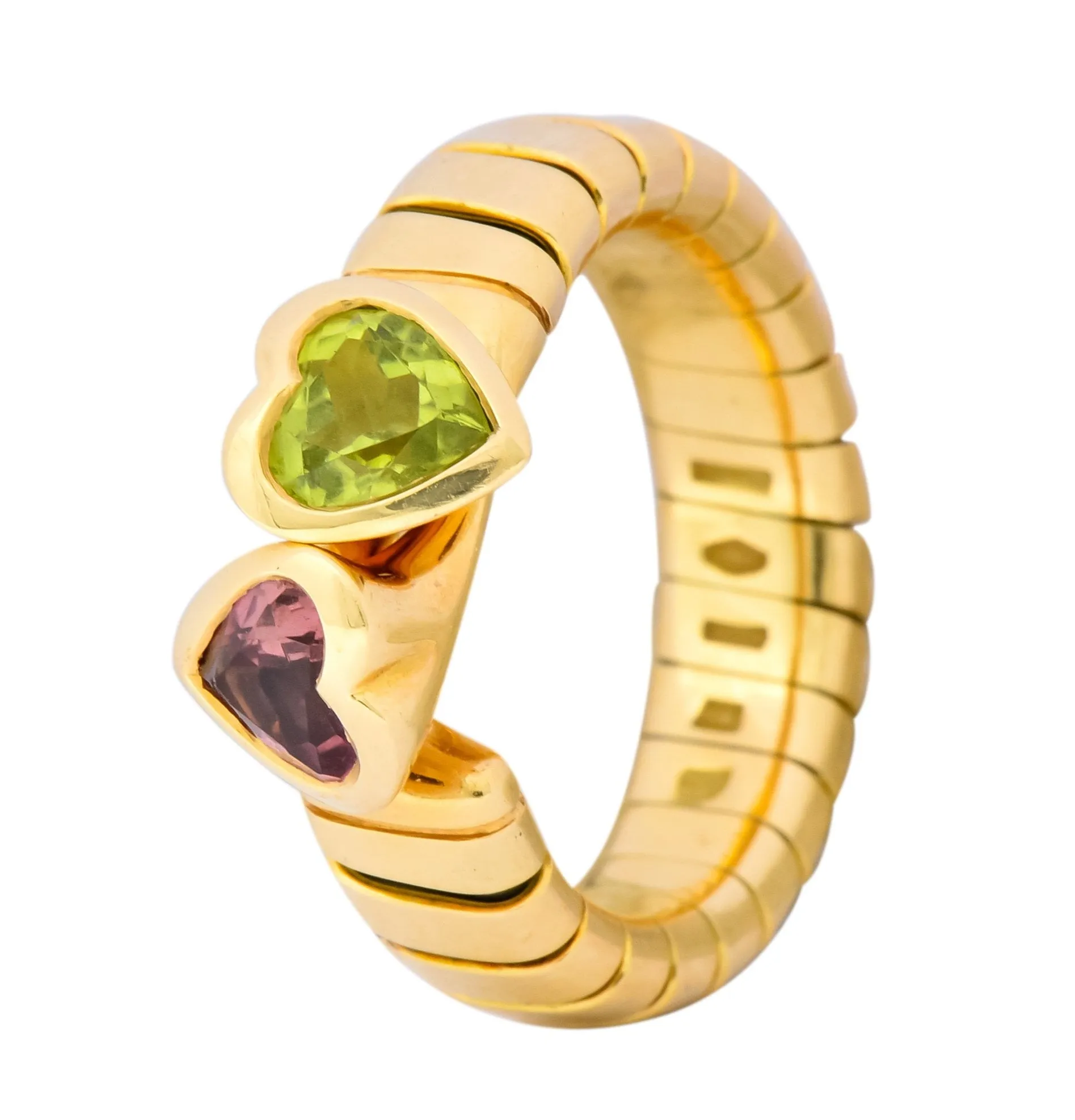 Bulgari 1.50 CTW Pink Tourmaline Peridot 18 Karat Yellow Gold Tubogas Heart Ring