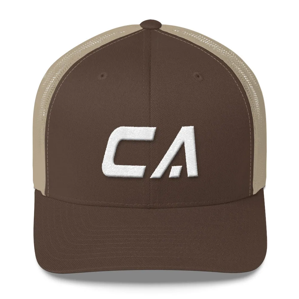 California - Mesh Back Trucker Cap - White Embroidery - CA - Many Hat Color Options Available