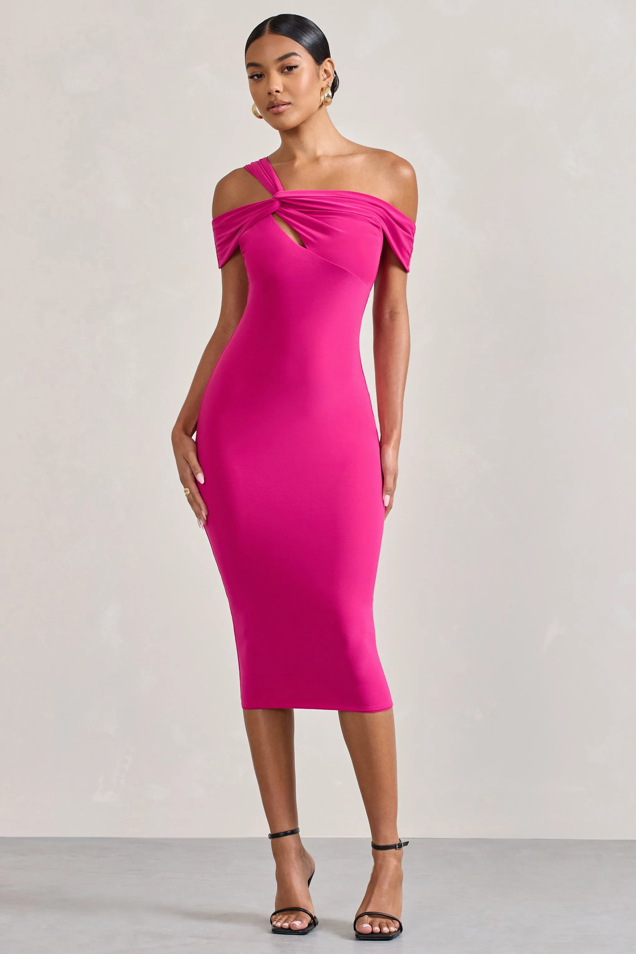 Chain Reaction | Fuchsia Pink Strappy Asymmetric Bodycon Midi Dress