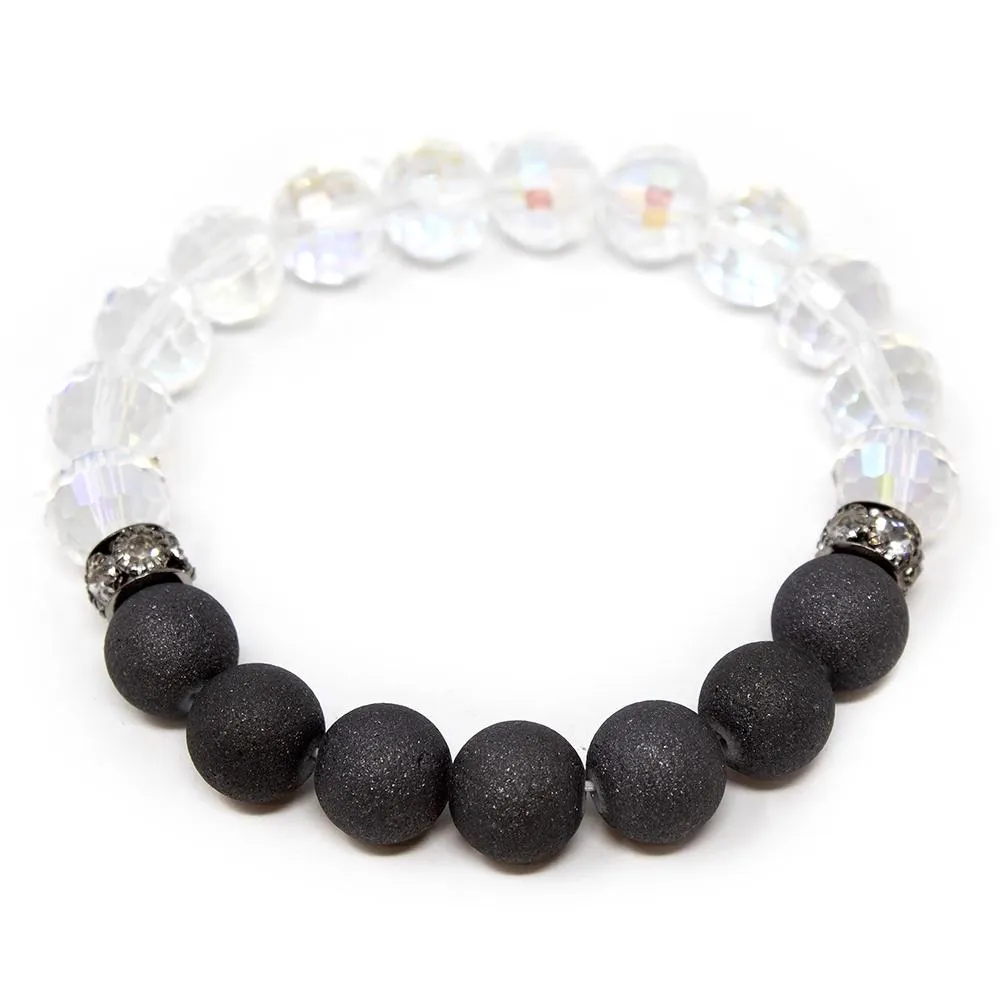 Clear Glass and Black Bead Stretch Bracelet