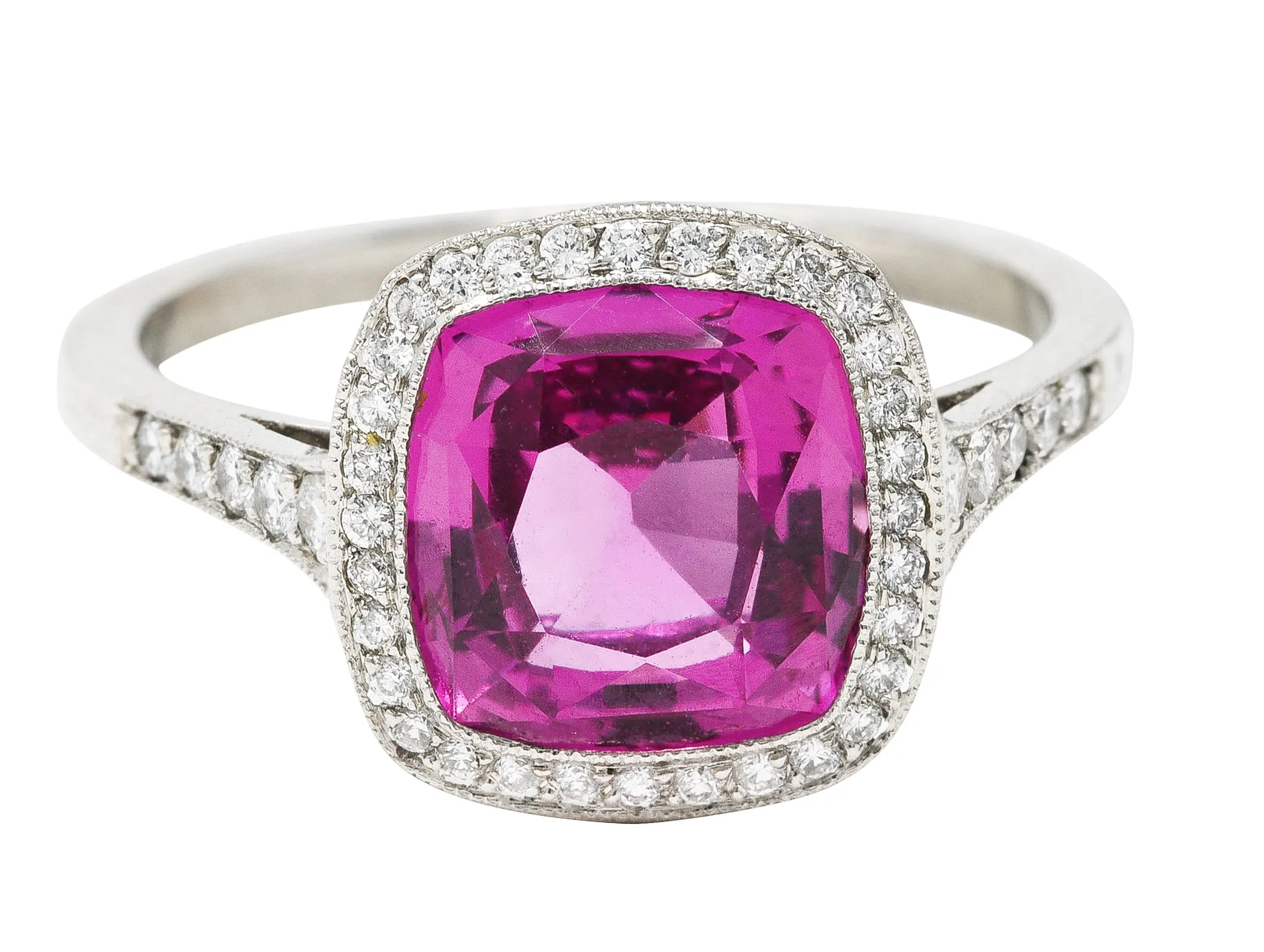 Contemporary 3.60 CTW Pink Sapphire Diamond Platinum Diamond Halo Gemstone Ring GIA