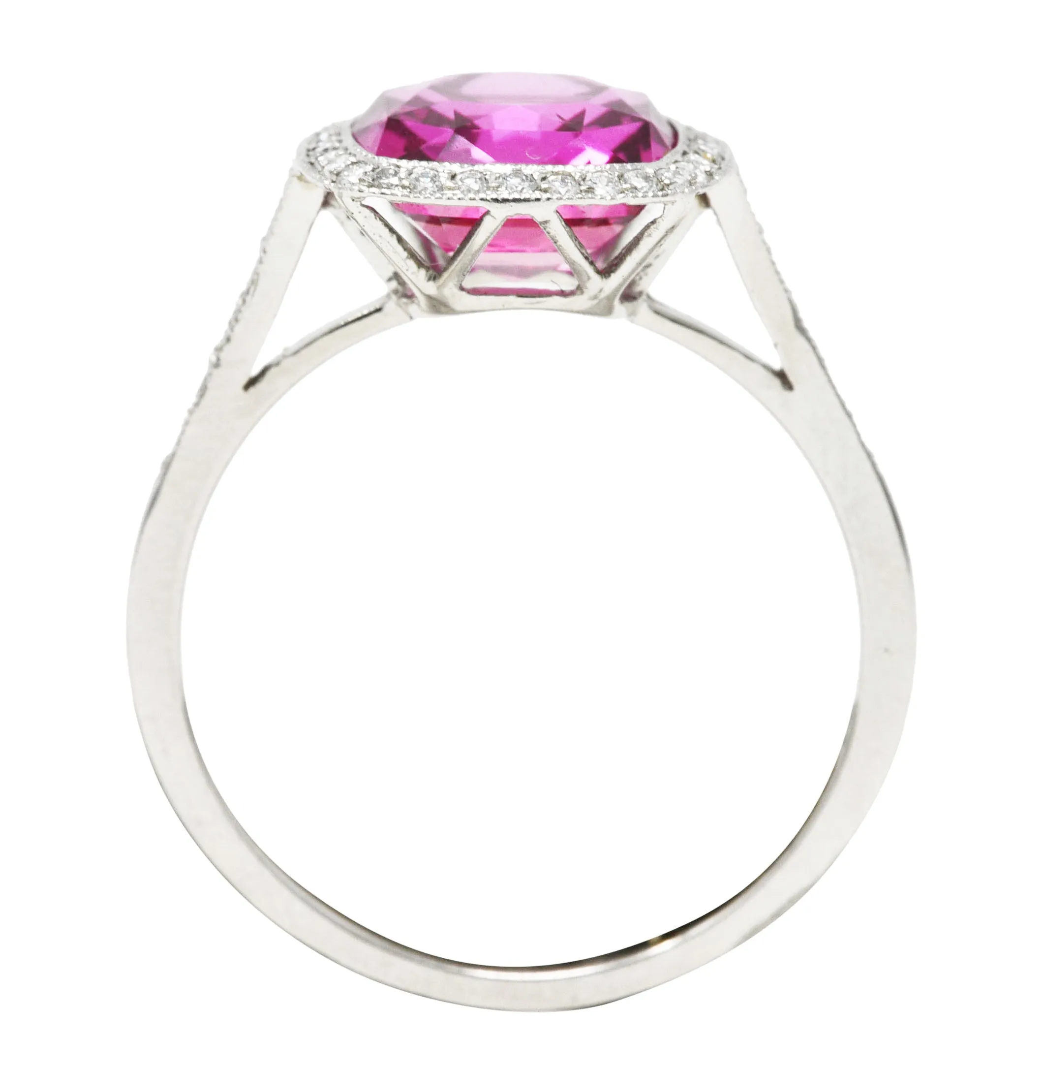 Contemporary 3.60 CTW Pink Sapphire Diamond Platinum Diamond Halo Gemstone Ring GIA