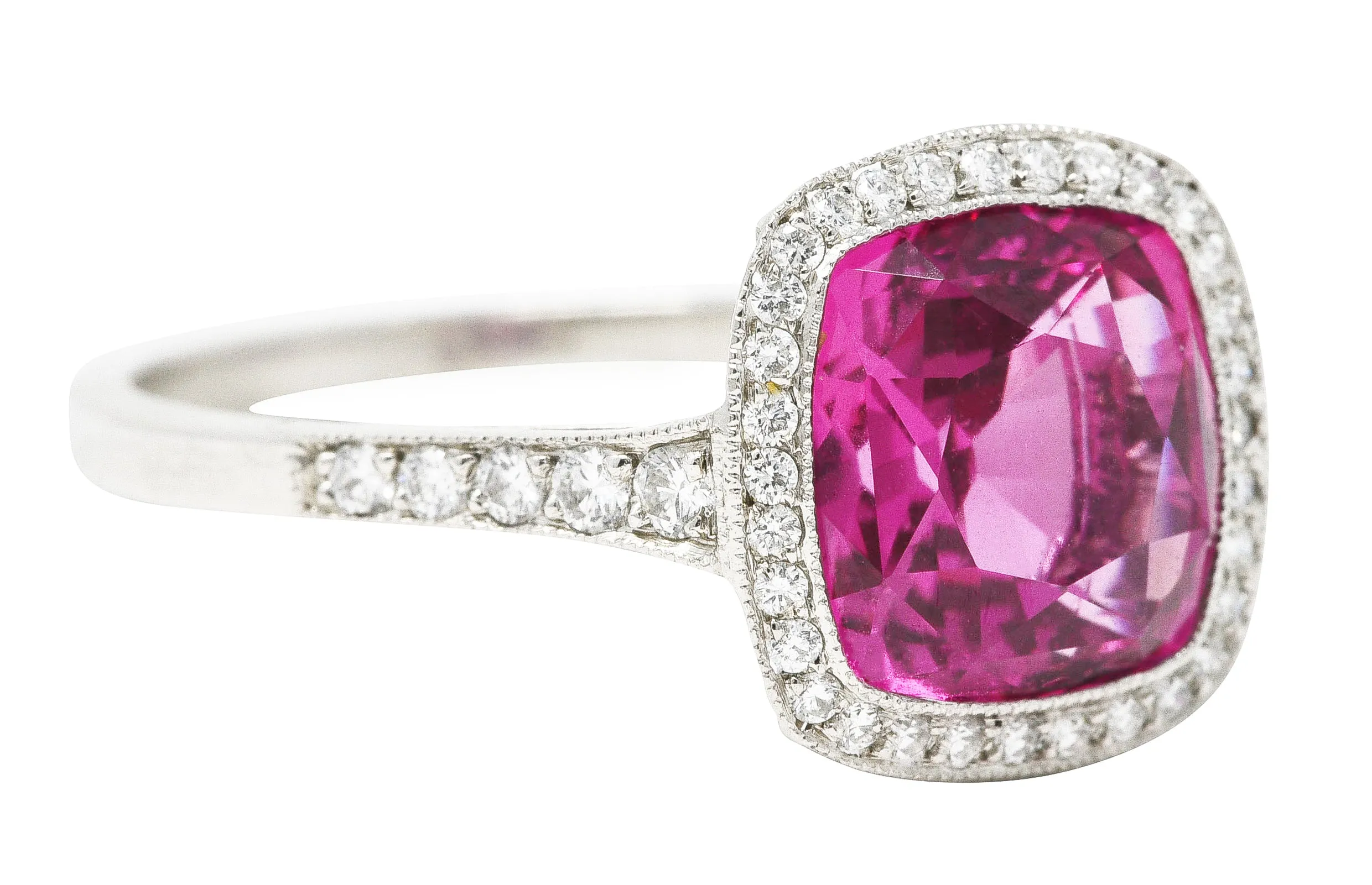 Contemporary 3.60 CTW Pink Sapphire Diamond Platinum Diamond Halo Gemstone Ring GIA