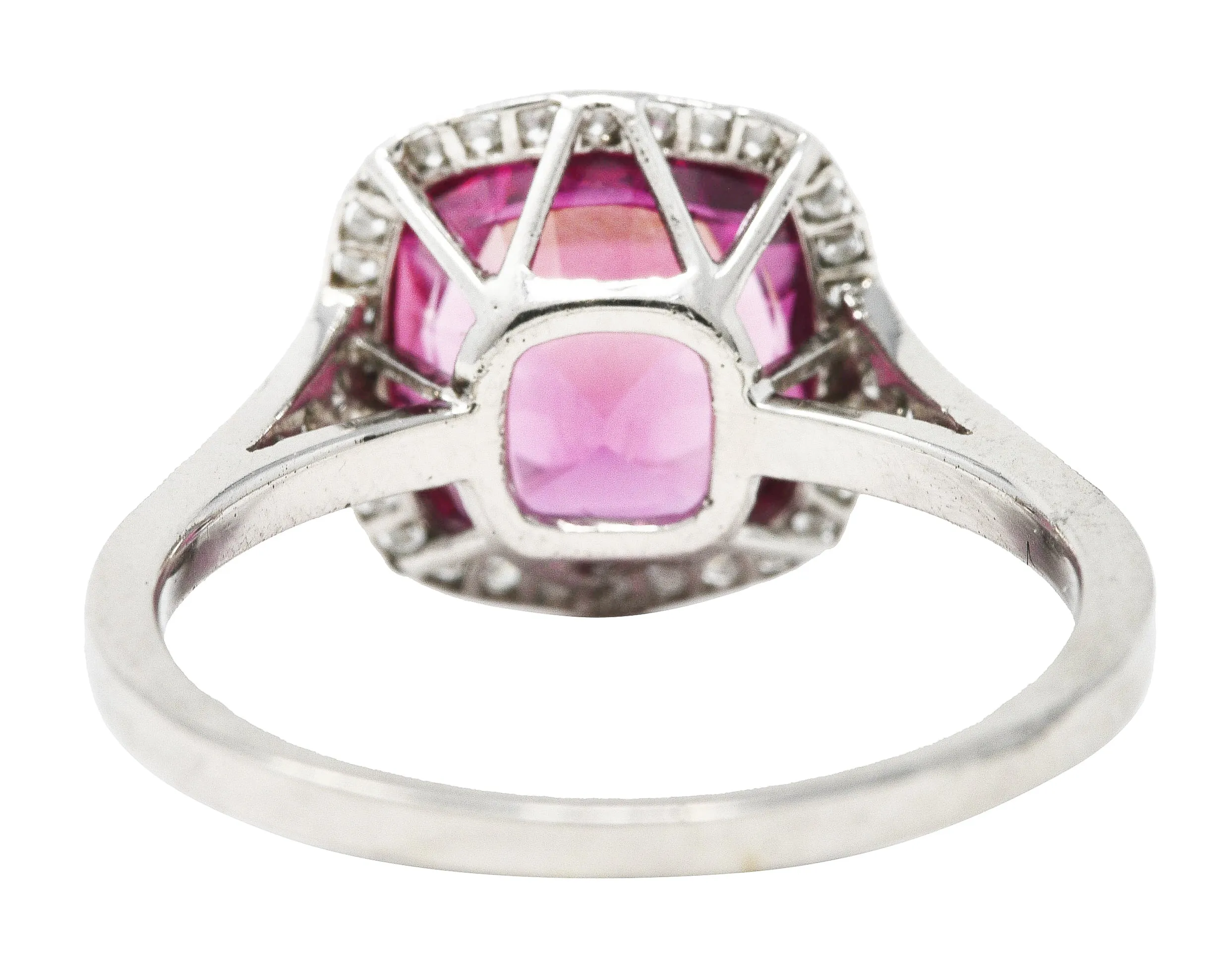 Contemporary 3.60 CTW Pink Sapphire Diamond Platinum Diamond Halo Gemstone Ring GIA