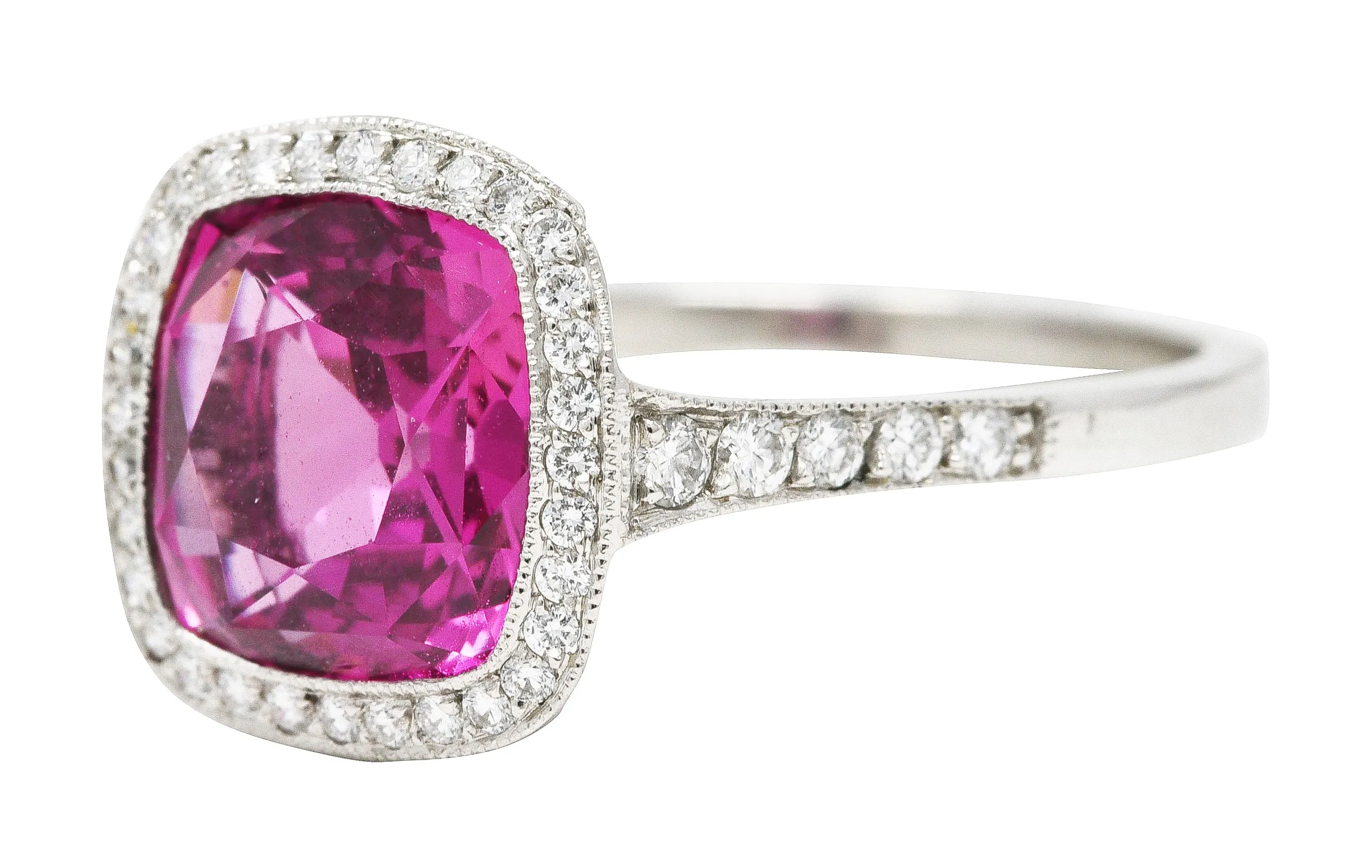 Contemporary 3.60 CTW Pink Sapphire Diamond Platinum Diamond Halo Gemstone Ring GIA