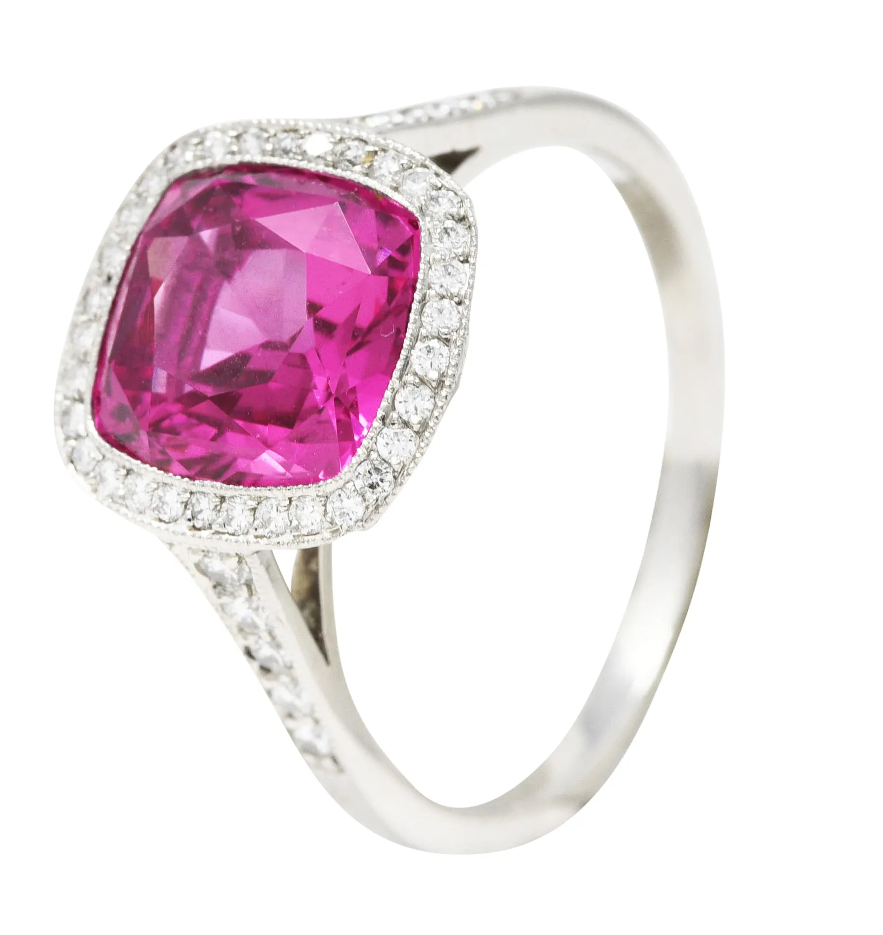 Contemporary 3.60 CTW Pink Sapphire Diamond Platinum Diamond Halo Gemstone Ring GIA