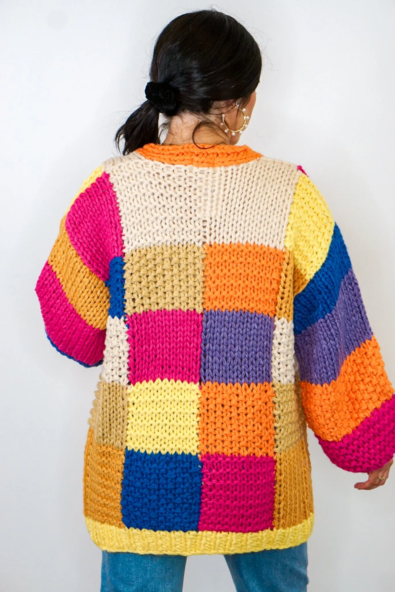 Crocheted Colorblock Chunky Knit Cardigan