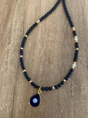 Dark blue gold plated eye charm choker