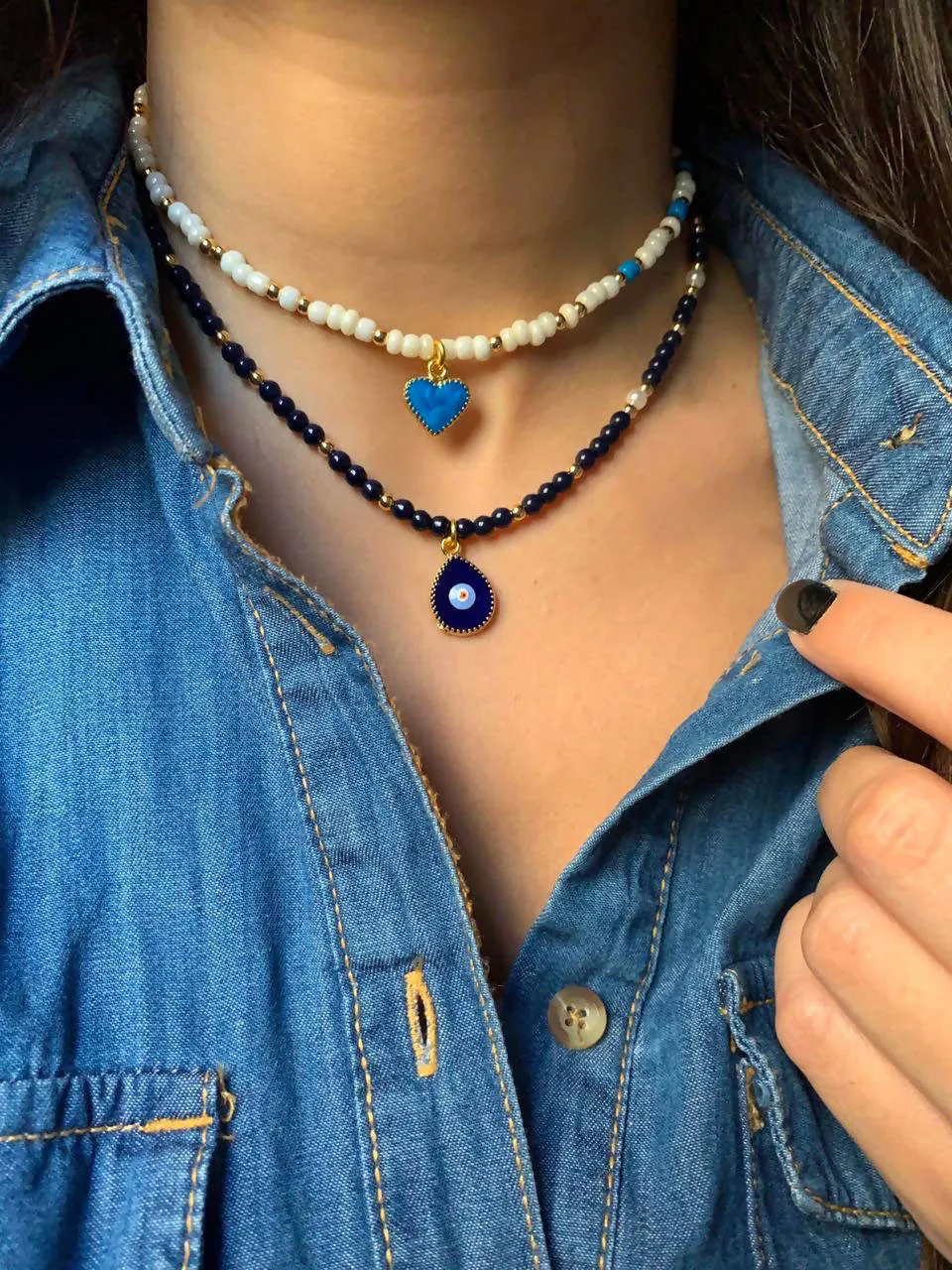 Dark blue gold plated eye charm choker