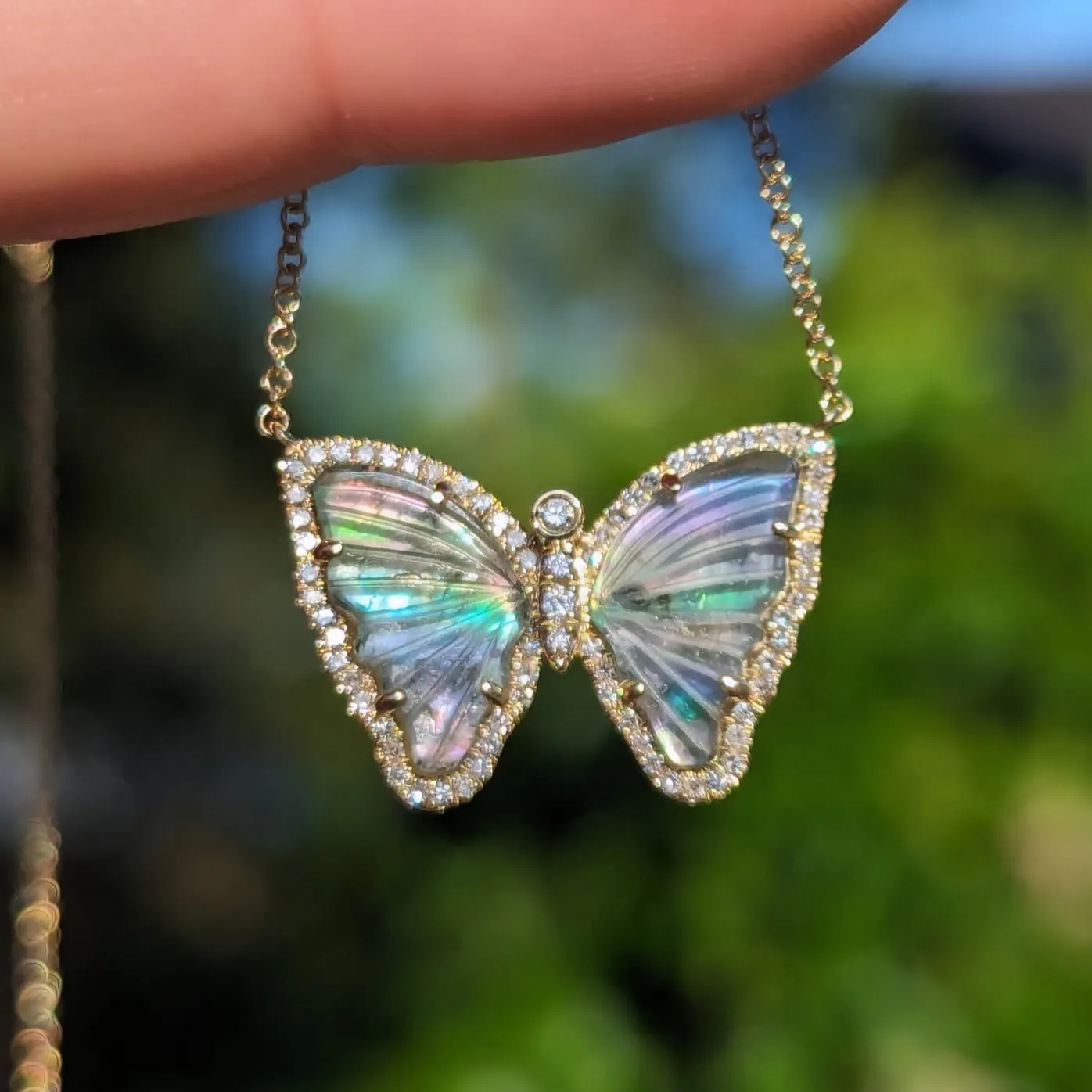 Dark Blue Green Tourmaline Pearl Butterfly Necklace with Diamonds