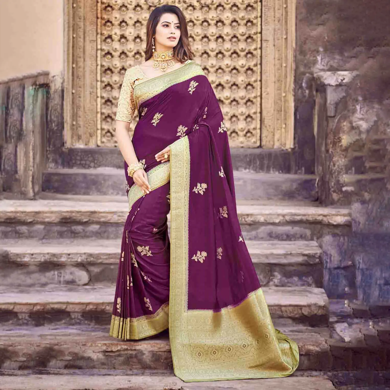 Dark Purple And Green Floral Pattern Zari Jacquard Bordered Art Tussar Silk Saree