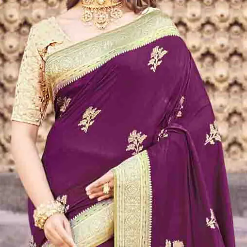 Dark Purple And Green Floral Pattern Zari Jacquard Bordered Art Tussar Silk Saree