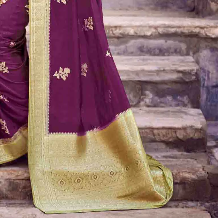 Dark Purple And Green Floral Pattern Zari Jacquard Bordered Art Tussar Silk Saree