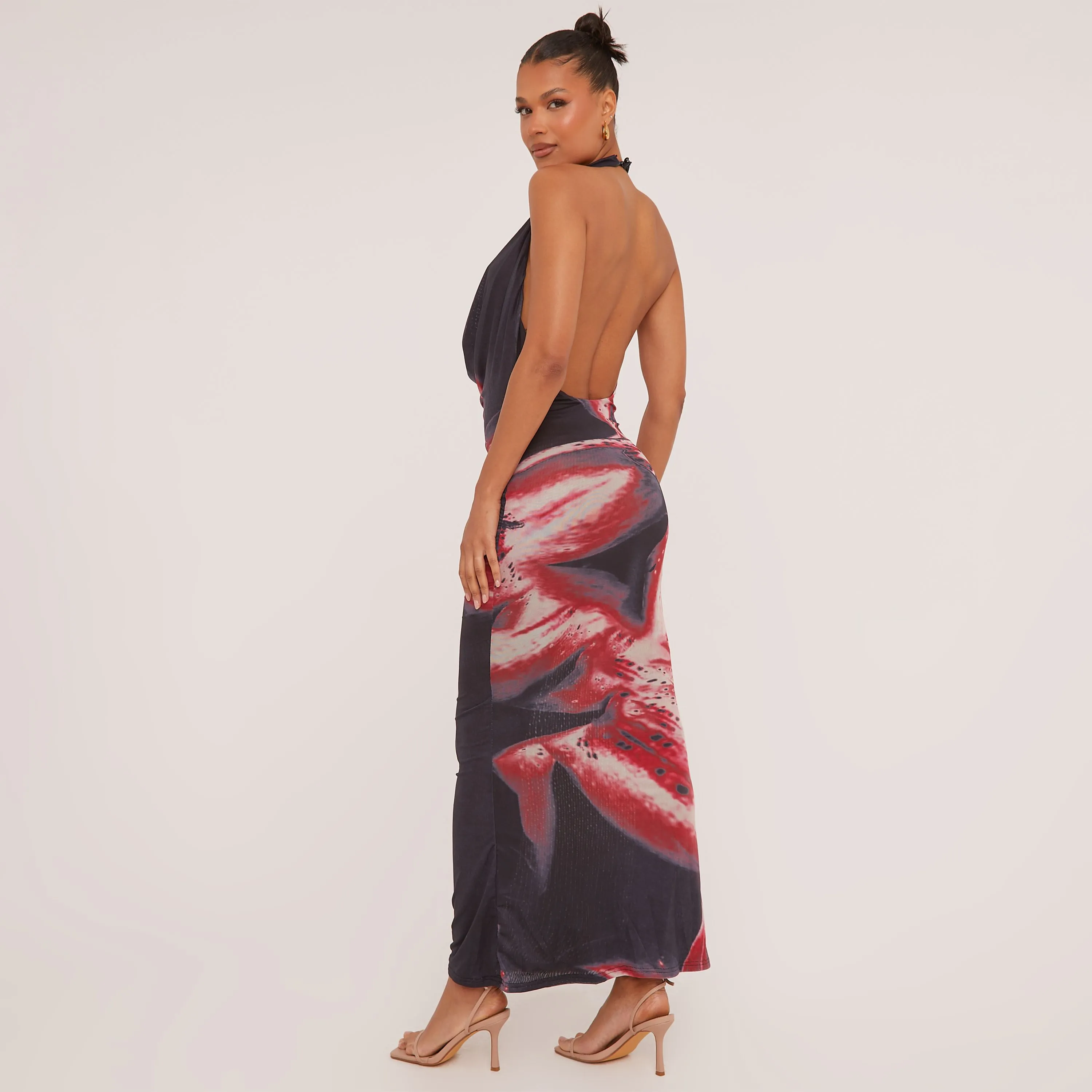 Deep Plunge Cowl Neck Maxi Dress In Black Floral Print Mesh