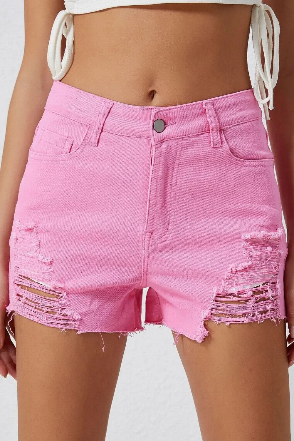 Distressed Denim Shorts, Fuchsia Pink