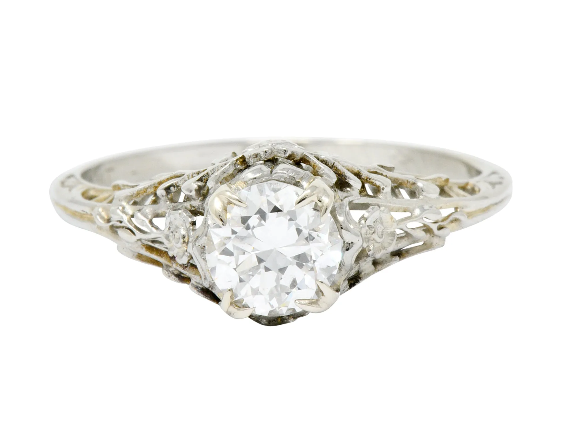 Edwardian 0.73 CTW Diamond 18 Karat White Gold Floral Engagement Ring GIA