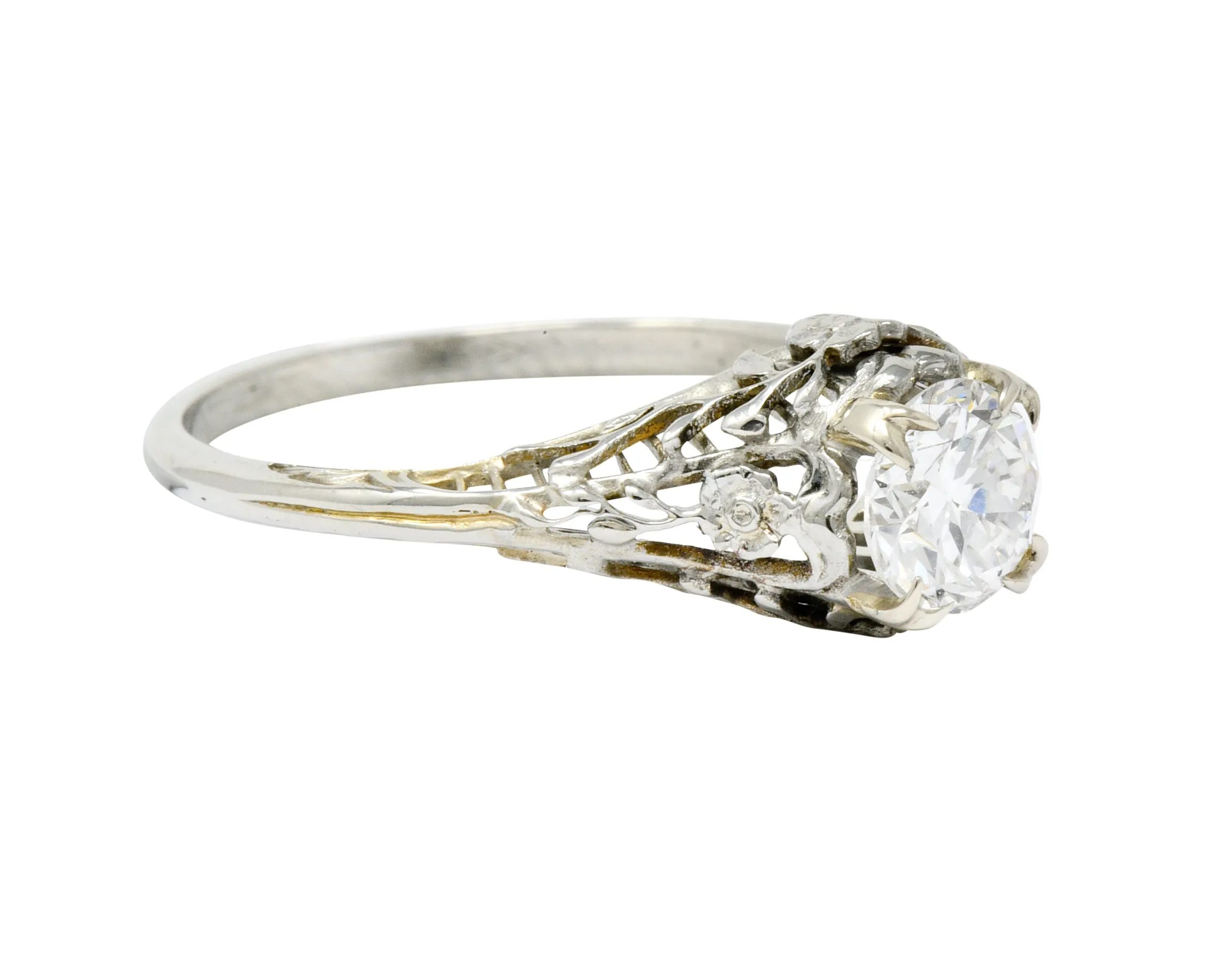 Edwardian 0.73 CTW Diamond 18 Karat White Gold Floral Engagement Ring GIA