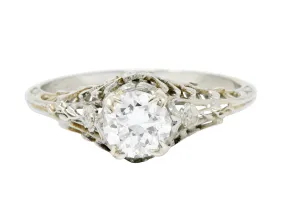 Edwardian 0.73 CTW Diamond 18 Karat White Gold Floral Engagement Ring GIA