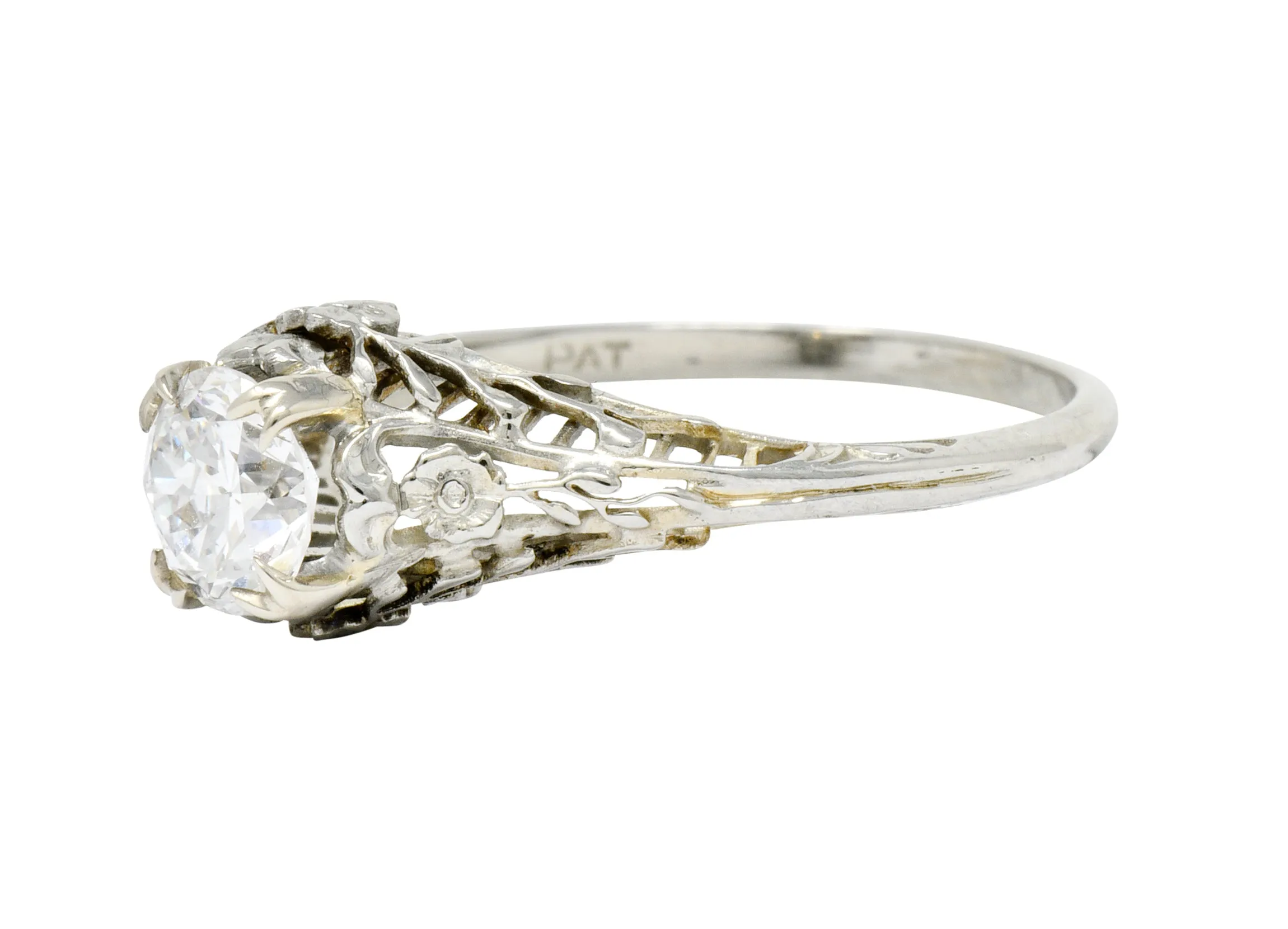 Edwardian 0.73 CTW Diamond 18 Karat White Gold Floral Engagement Ring GIA