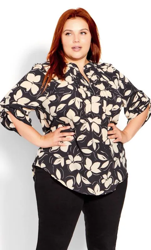 Evans Black Floral Print Zip Pintuck Blouse