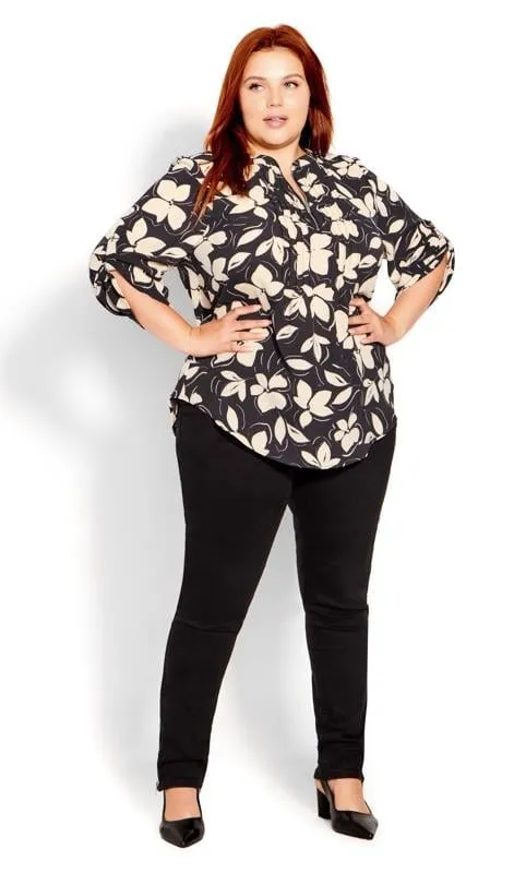 Evans Black Floral Print Zip Pintuck Blouse