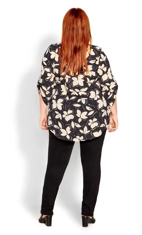 Evans Black Floral Print Zip Pintuck Blouse