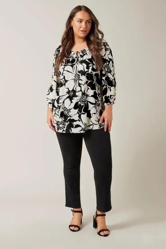 EVANS Curve Black Floral Print Tie Neck Blouse