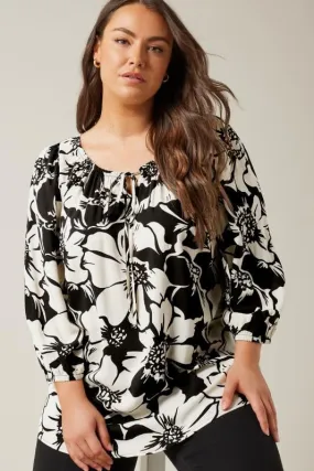 EVANS Curve Black Floral Print Tie Neck Blouse