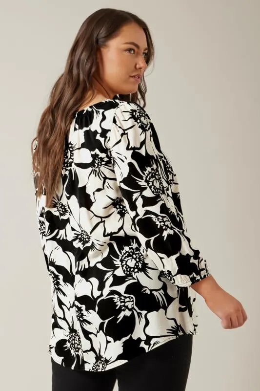 EVANS Curve Black Floral Print Tie Neck Blouse