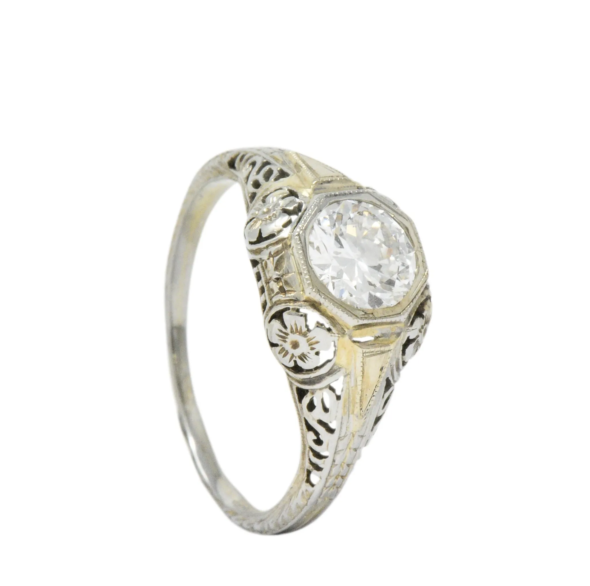 Exemplary Art Deco 0.70 CTW Diamond 18K White Gold Floral Filigree Engagement Ring