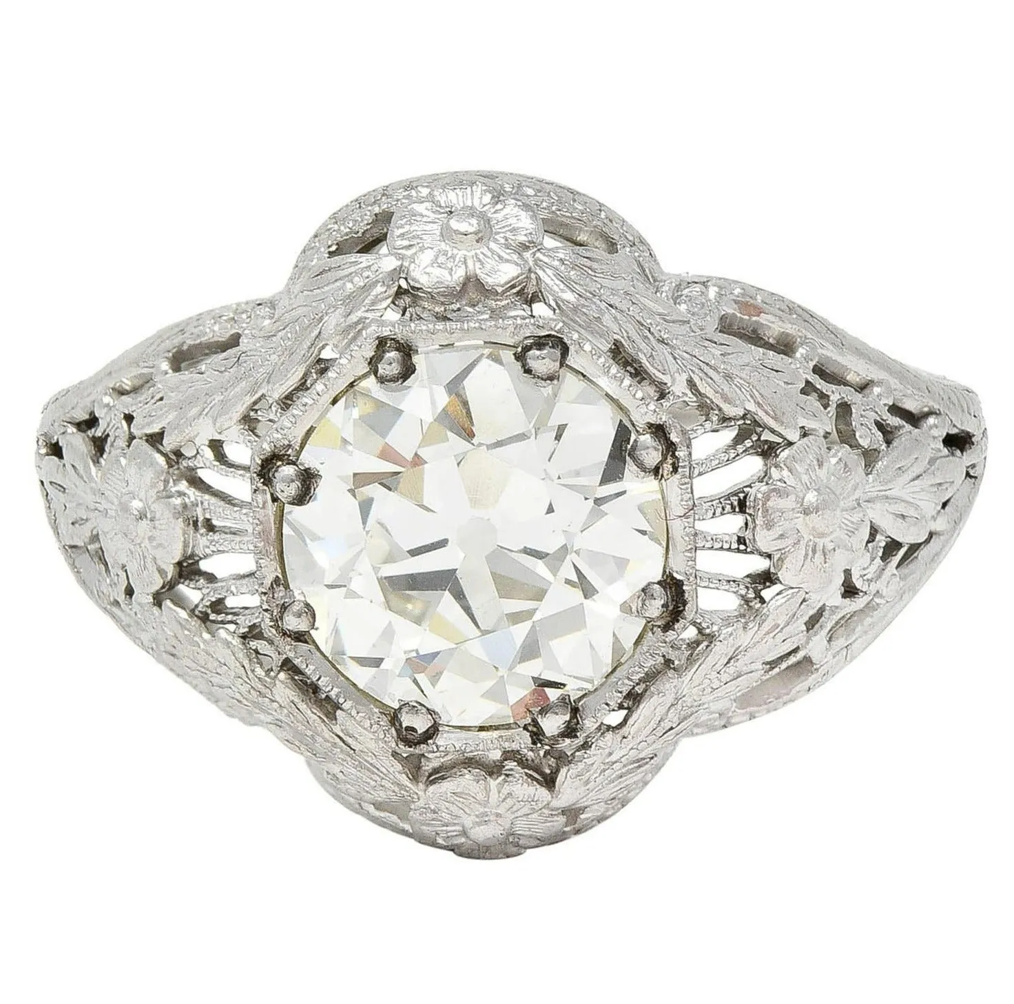 Felger Inc. Art Deco 1.35 CTW Diamond 18 Karat White Gold Floral Vintage Engagement Ring