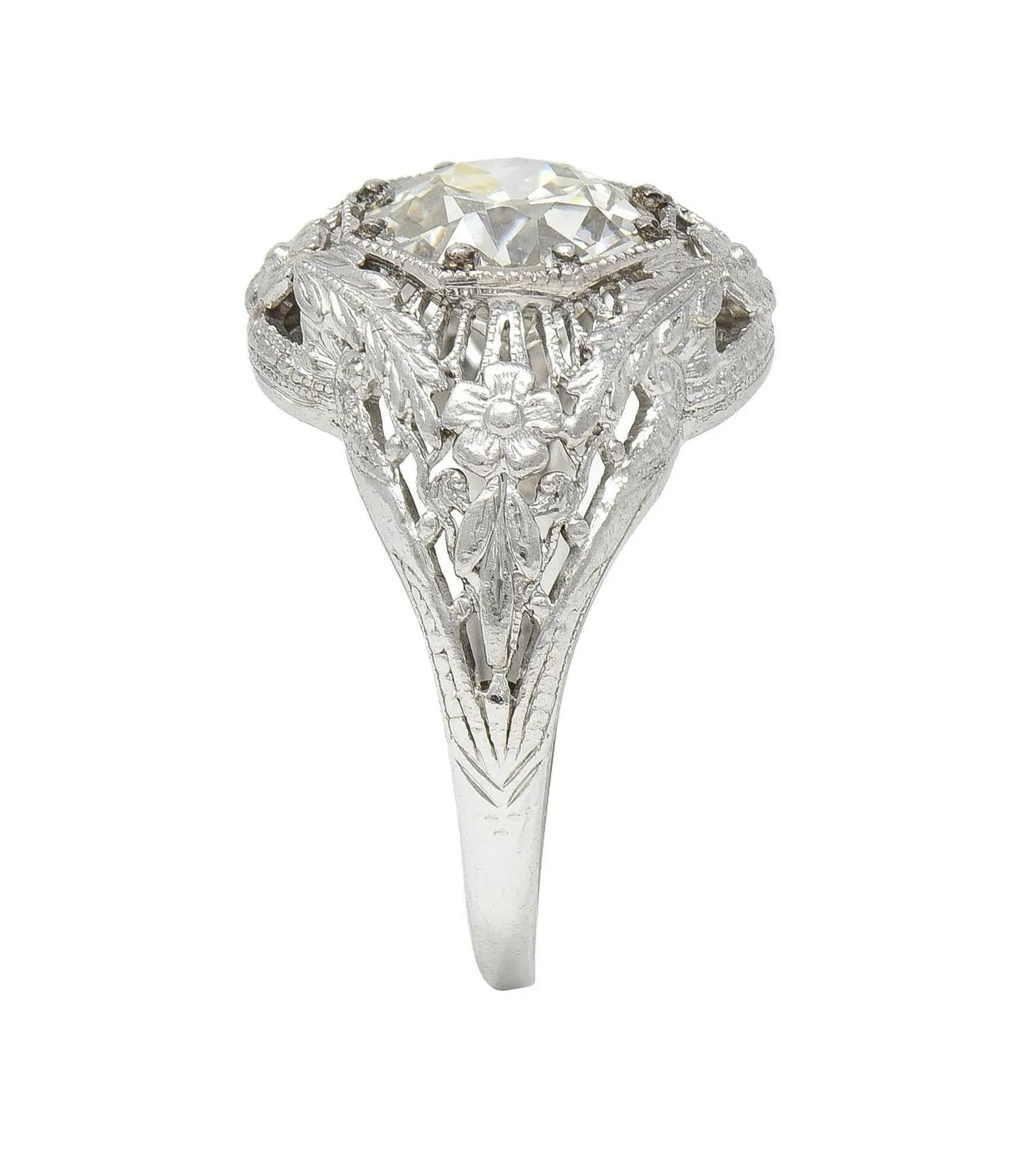 Felger Inc. Art Deco 1.35 CTW Diamond 18 Karat White Gold Floral Vintage Engagement Ring