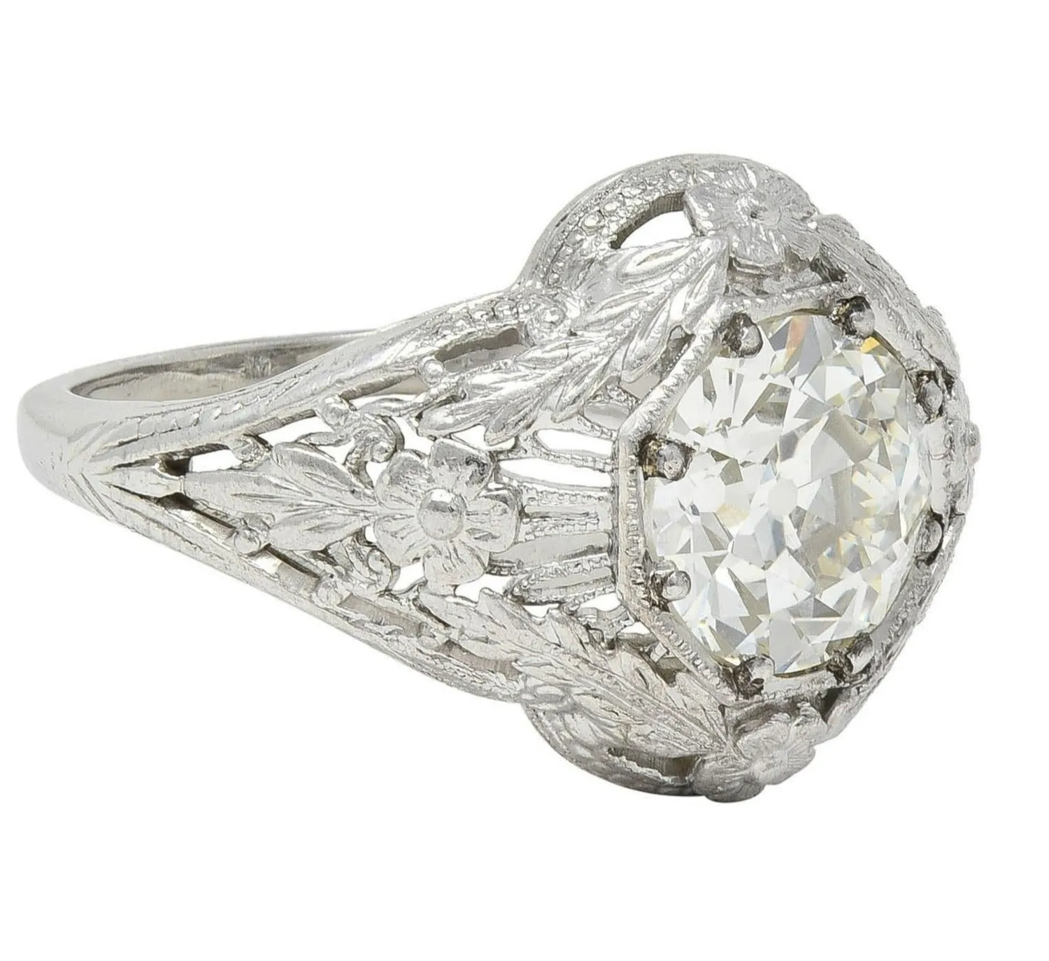 Felger Inc. Art Deco 1.35 CTW Diamond 18 Karat White Gold Floral Vintage Engagement Ring