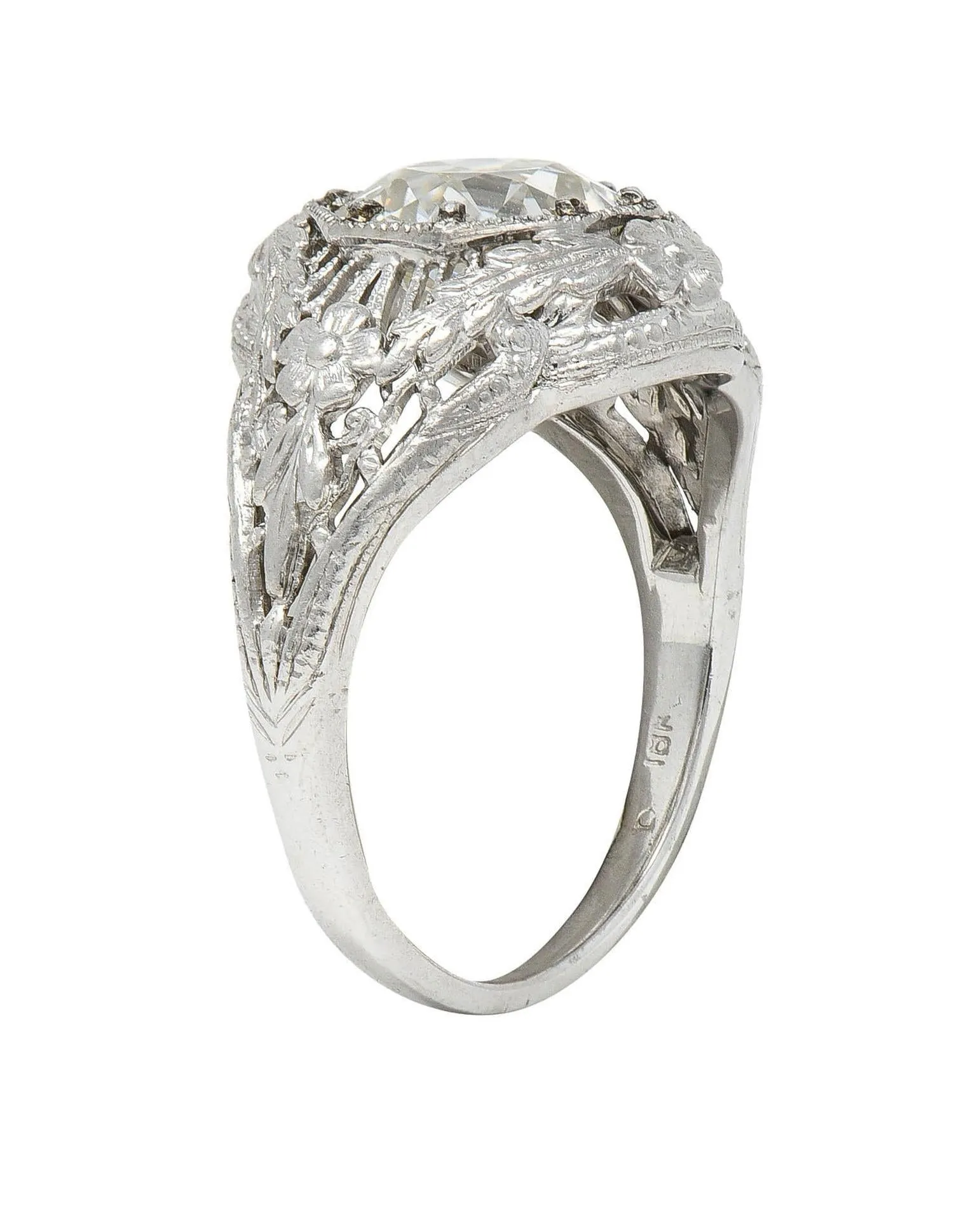 Felger Inc. Art Deco 1.35 CTW Diamond 18 Karat White Gold Floral Vintage Engagement Ring