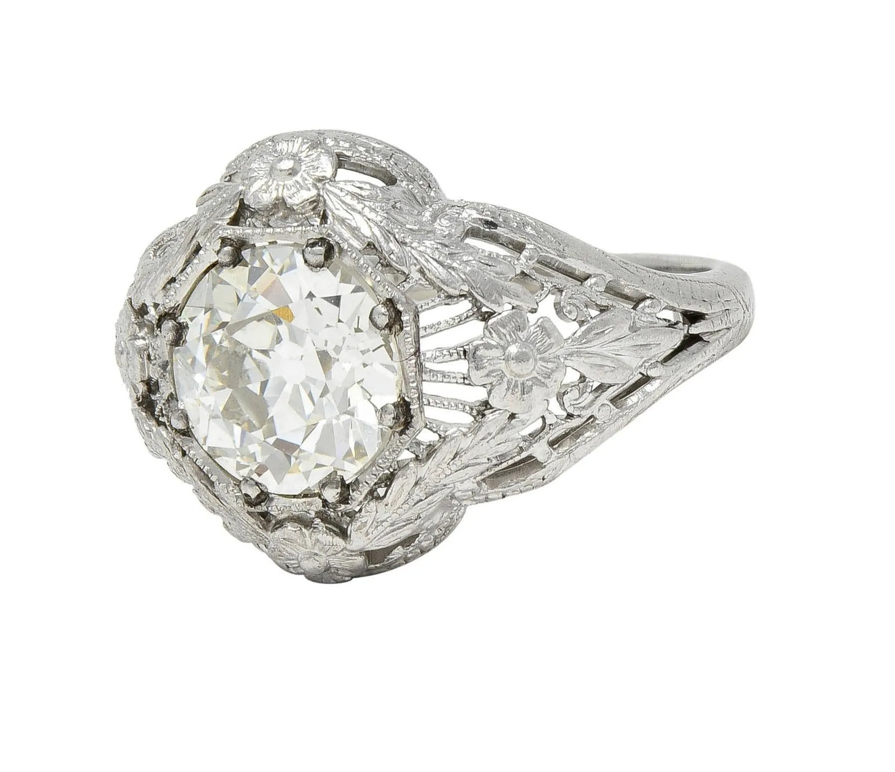 Felger Inc. Art Deco 1.35 CTW Diamond 18 Karat White Gold Floral Vintage Engagement Ring