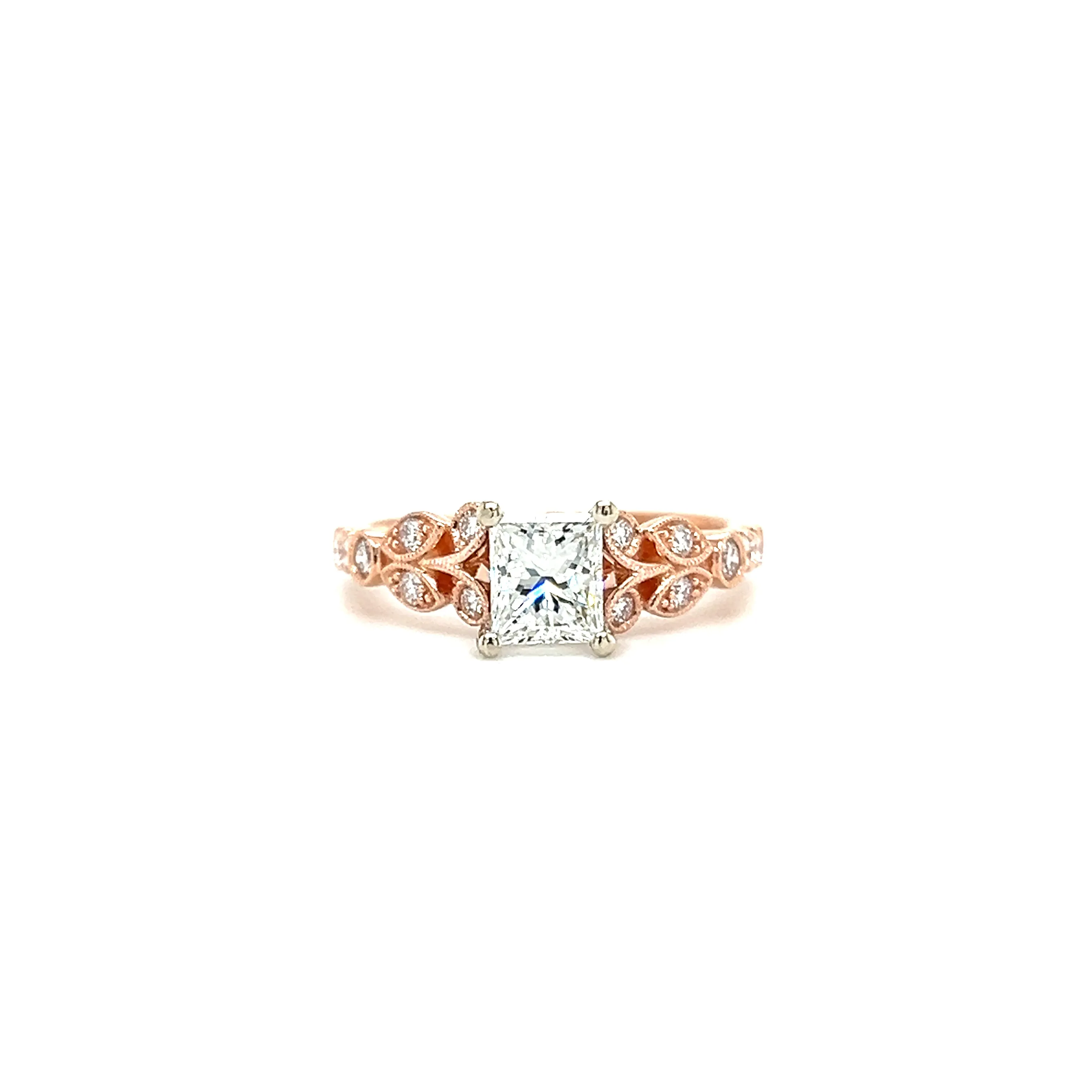 Floral 0.92ct Diamond Ring with 0.26ctw of Side Diamonds in 14K White and Rose Gold