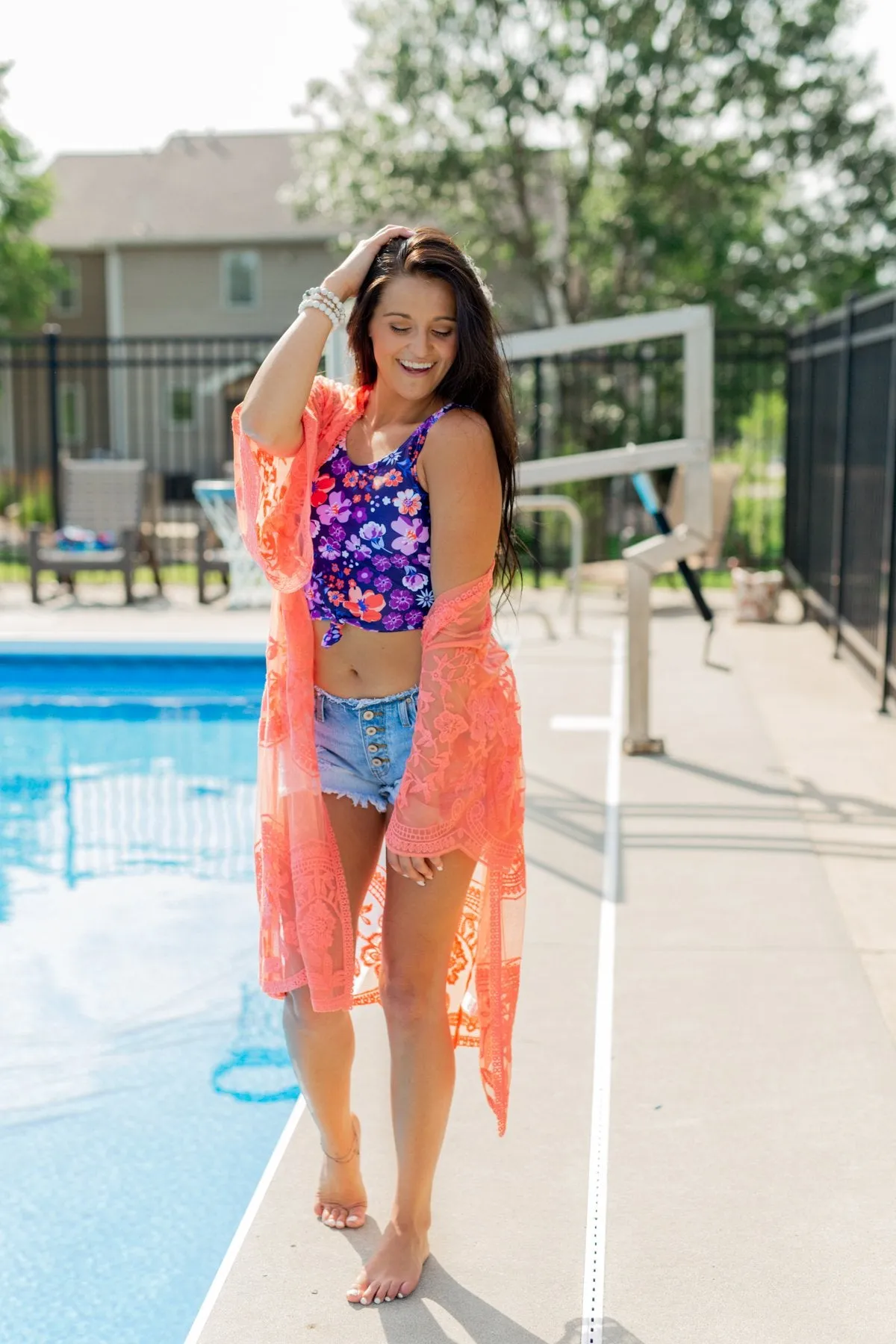 Floral Front Knot Swimsuit Tankini- Purple & Orange