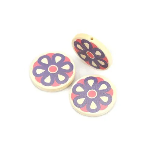 Flower Wood Beads, Round, Printed, Pink, Purple, 30mm