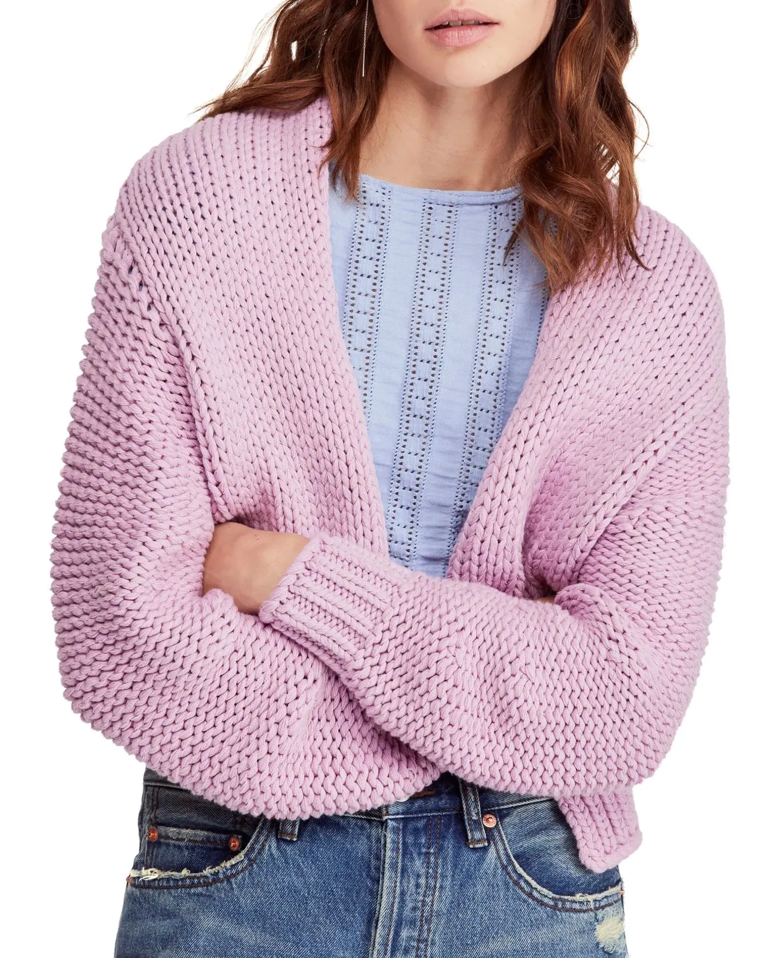 Free People Glow For It Chunky Knit Open Front Ribbed Hem Cardi in Lavender / Purple Moon