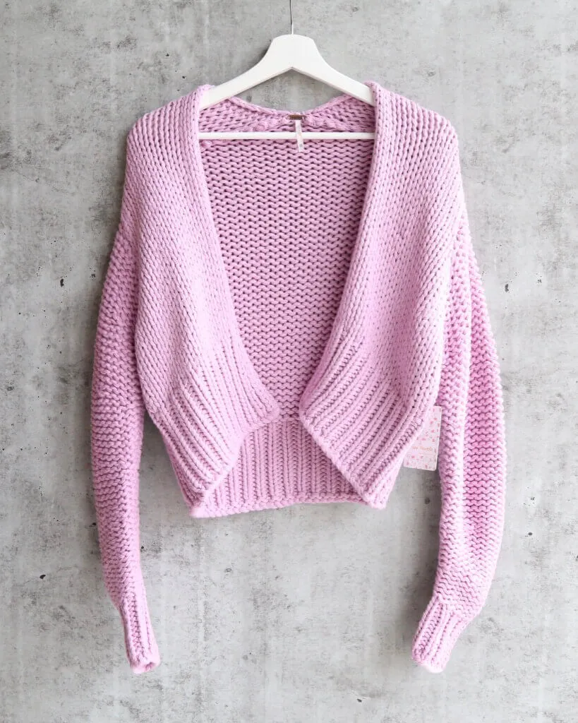 Free People Glow For It Chunky Knit Open Front Ribbed Hem Cardi in Lavender / Purple Moon