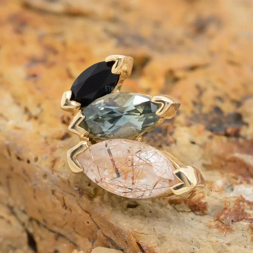 French Kiss Threaded End in Gold with Rutilated Quartz, Grey Sapphire & Onyx