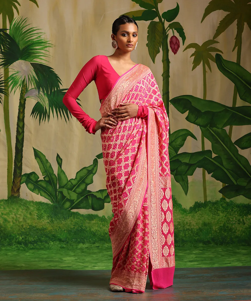 Fuchsia Handloom Pink Pure Georgette Banarasi Bandhej Saree With All Over Zari Jaal