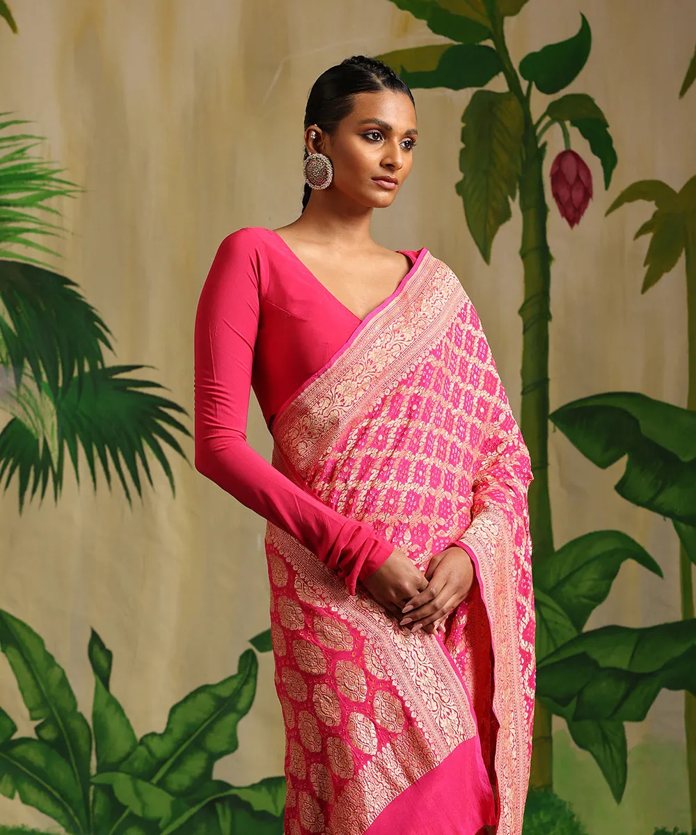 Fuchsia Handloom Pink Pure Georgette Banarasi Bandhej Saree With All Over Zari Jaal