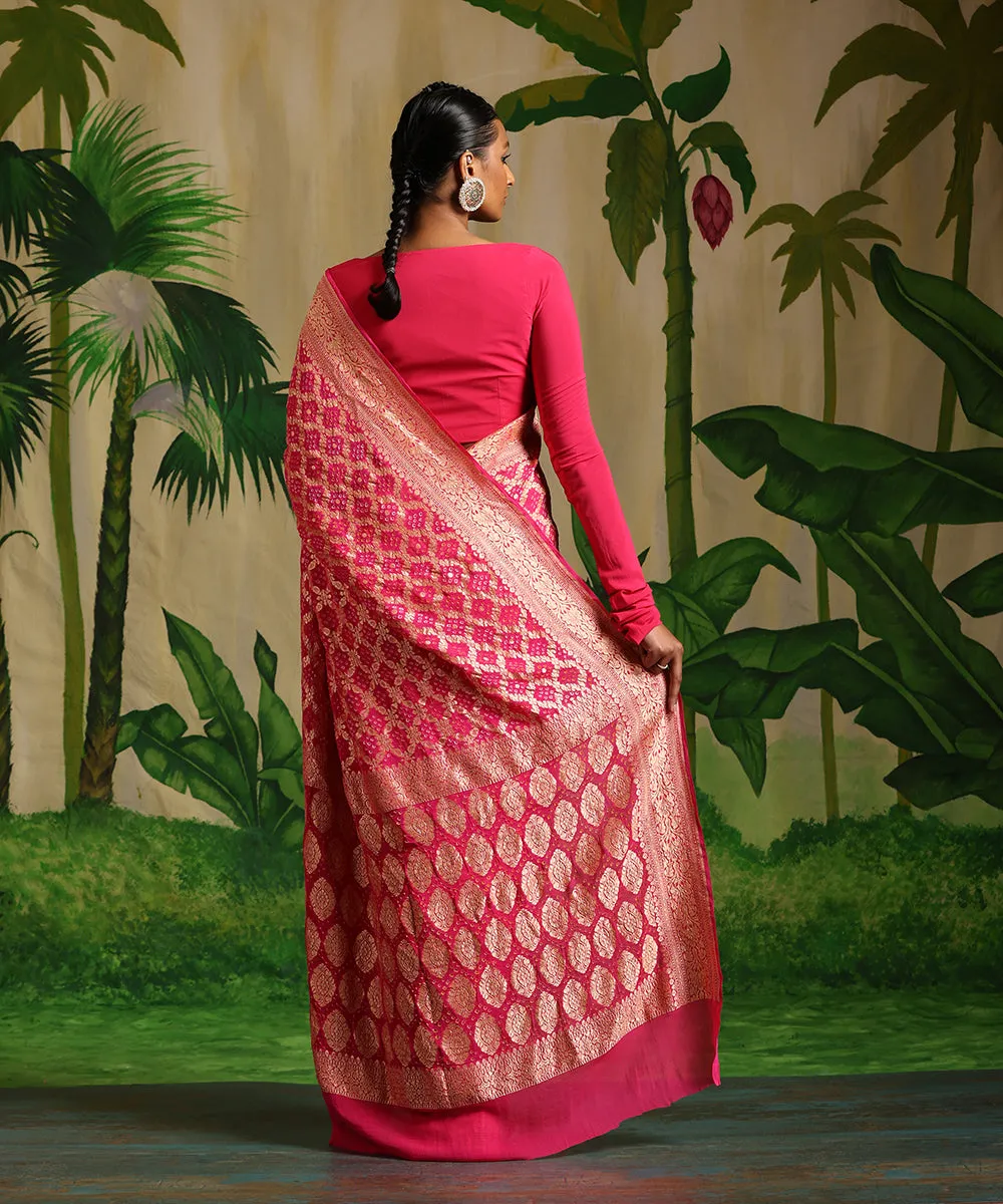 Fuchsia Handloom Pink Pure Georgette Banarasi Bandhej Saree With All Over Zari Jaal