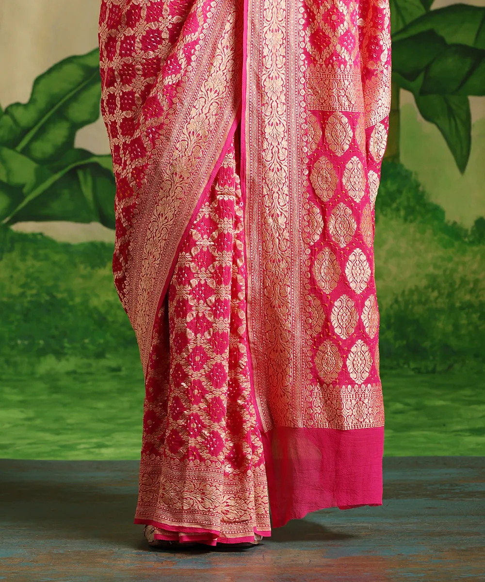 Fuchsia Handloom Pink Pure Georgette Banarasi Bandhej Saree With All Over Zari Jaal