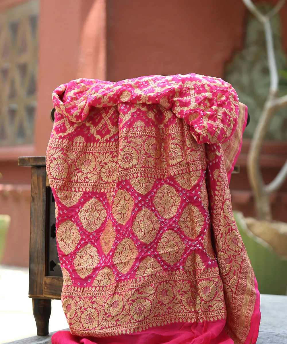 Fuchsia Pink Handloom Pure Georgette Banarasi Bandhej Dupatta With Zari Border