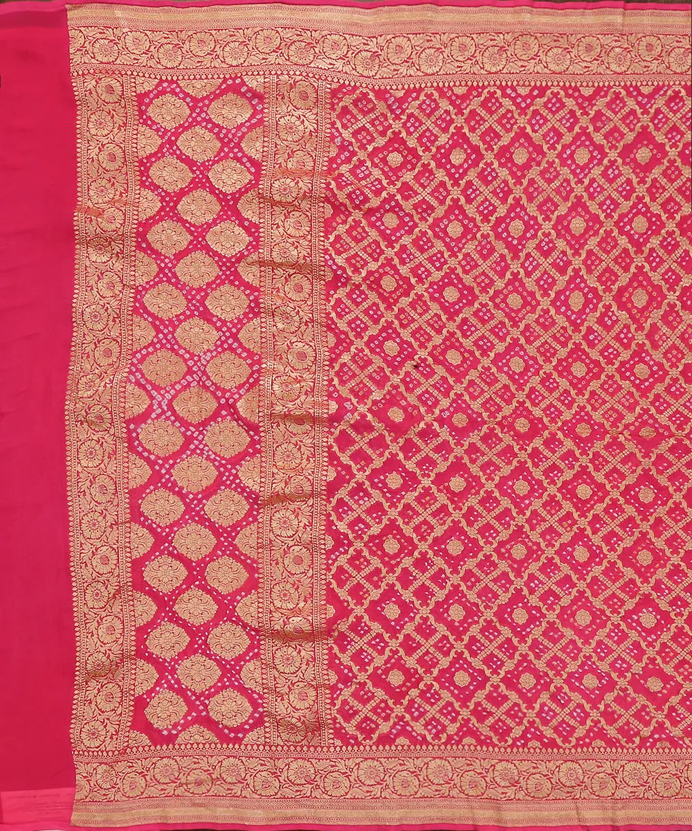 Fuchsia Pink Handloom Pure Georgette Banarasi Bandhej Dupatta With Zari Border