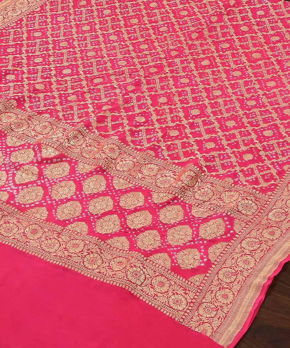 Fuchsia Pink Handloom Pure Georgette Banarasi Bandhej Dupatta With Zari Border