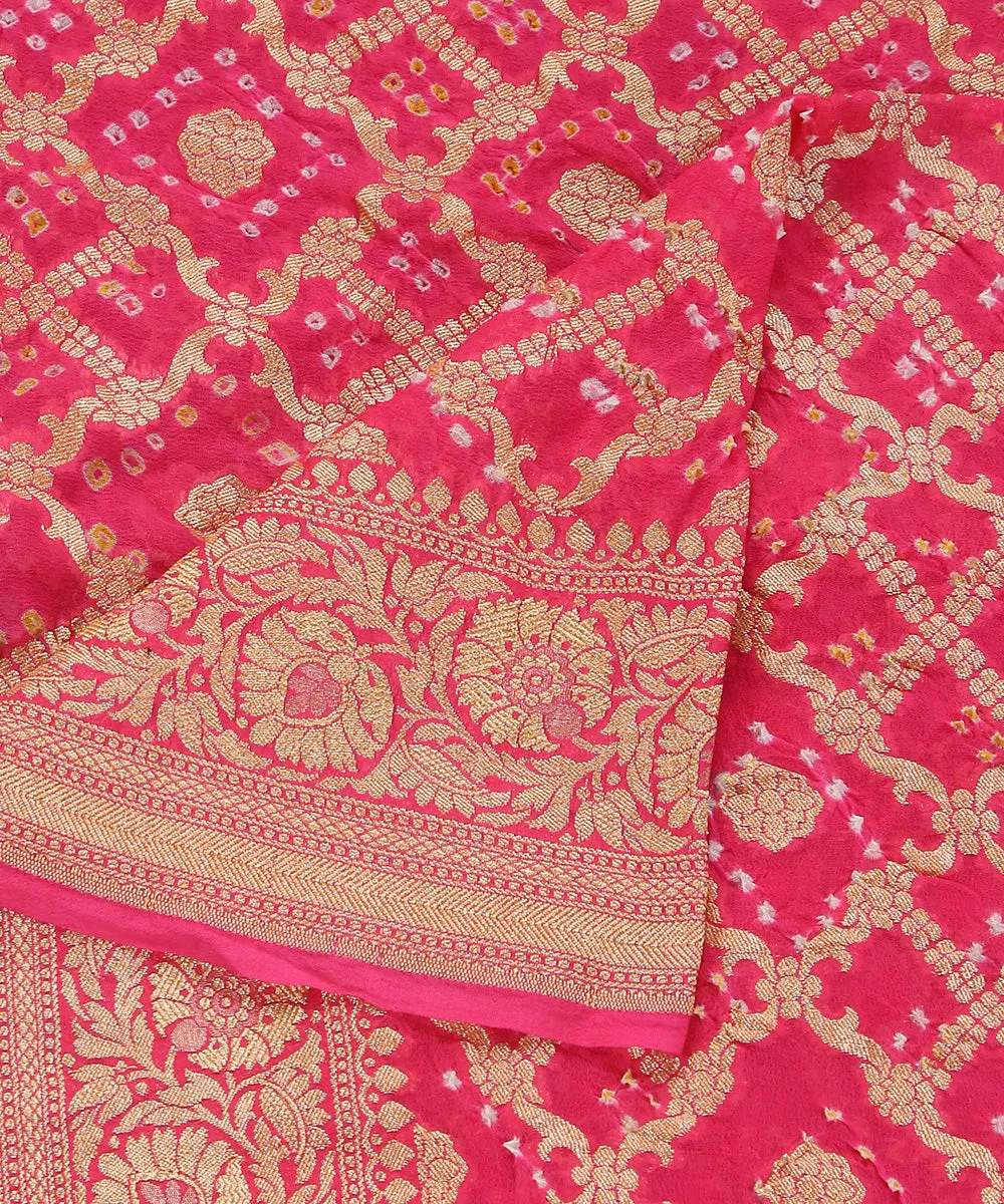 Fuchsia Pink Handloom Pure Georgette Banarasi Bandhej Dupatta With Zari Border